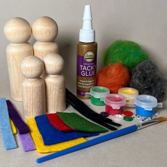 The full kit showing felt, glue, and paint