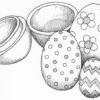 Egg Decorating Kit. Black and while illustration of a group of four decorated wooen eggs