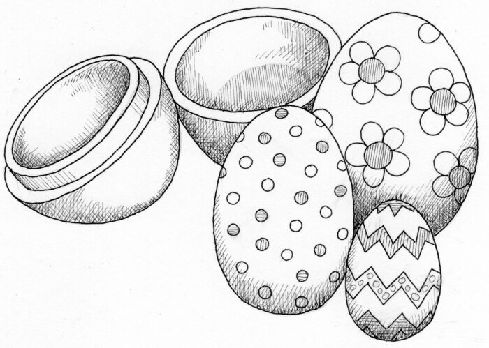 Egg Decorating Kit. Black and while illustration of a group of four decorated wooen eggs