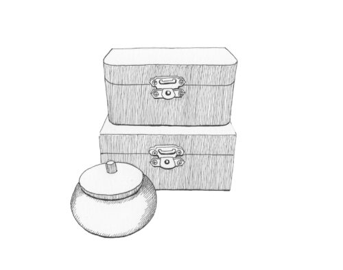 Treasure Boxes Kit. Black and white illustration of two rectangular boxes, with a small round box.