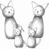 Wooden Peg Animals Kit. A black and white illustration of two large wooden peg cats and two small.