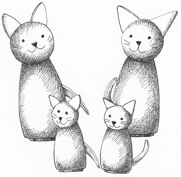 Wooden Peg Animals Kit. A black and white illustration of two large wooden peg cats and two small.