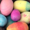 Egg Decorating Kit. Seven wooden eggs, decorated in pastel colors.